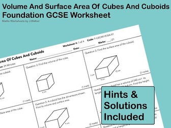 GCSE Maths Worksheet: Volume And Surface Area Of Cubes And Cuboids - Foundation Tier