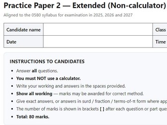 Cambridge IGCSE Mathematics (0580) — Extended Practice Paper 2 (Non-calculator) + Mark Scheme