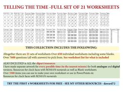 TELLING TIME - COMPREHENSIVE SET OF WORKSHEETS +ANSWERS + ALL CLIPART/RESOURCES