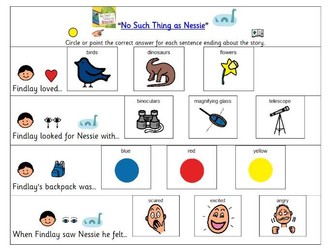 "No Such Thing as Nessie" questions (boardmaker symbols) - ASN, EAL, early years