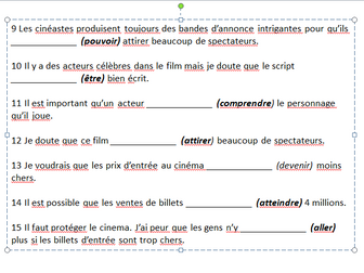 Le cinéma : sentences using the subjunctive on the topic of cinema. A and AS Level French AQA