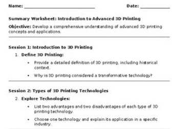advanced 3D printing summary worksheet - 15-17 year olds