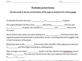 The Beatles - A short history comprehension sheet.