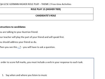 AQA German GCSE Role Play 2026 Free-time Activities FREE RESOURCE