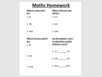 1,10 and 100 more/less Maths Homework