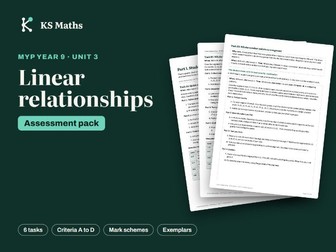 MYP Year 9 Linear relationships assessment pack with mark schemes