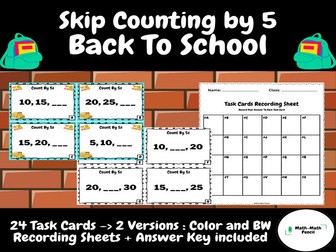 Skip Counting by 5's | Task Cards With Answer Key + Recording Sheets | Back to School | pre-school