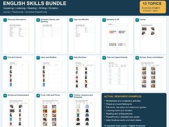 English Skills: 13 Topic Resource Bundle S&L, Reading, Writing, Role Play, Flashcards, Power Point