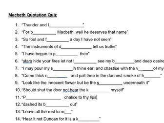 Macbeth Big Quotation Quiz -revision worksheet