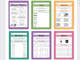 Elements of art worksheets - colour theory / space / texture / line / shape / 3D form