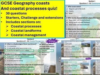 GCSE Geography Quiz. 30Qs Coasts, Coastal processes & management, landforms. AQA, Edexcel, OCR etc.