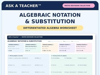Algebraic Notation & Substitution | Differentiated Maths Revision Worksheet | KS3 & GCSE