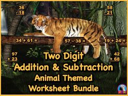 Two Digit Addition and Subtraction Worksheet Bundle - Animals (60 Pages)