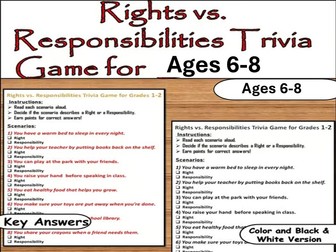 Rights vs Responsibilities Trivia Game Worksheet | Human Rights Day | Ages 6-8