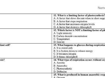 AQA GCSE Biology Topic 4: Bioenergetics – 20 Multiple Choice Questions and Answers