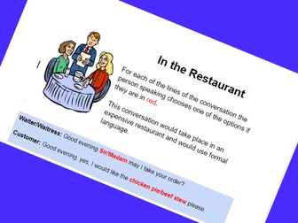 In The Restaurant | ESL/EAL | Speaking and PastTense Script/Worksheet