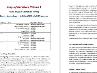 SUMMARIES of all 15 Poems -Songs of Ourselves Vol1 IGCSE Eng Lit (0475)