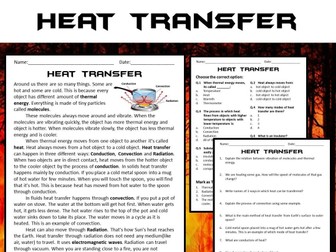 Heat Transfer (Thermal Energy) Reading Comprehension Passage and Questions - PDF