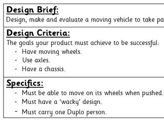 KS1 D&T Wacky Races Vehicle Design Criteria