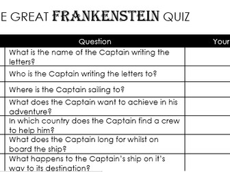 GCSE Frankenstein 80 Question Quiz