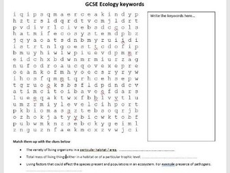 Ecology keywords wordsearch with clues