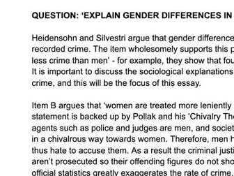 AQA A LEVEL SOCIOLOGY - 'EXPLAIN GENDER DIFFERENCES IN OFFENDING'  A* ESSAY EXAMPLE