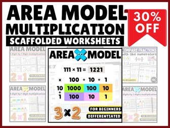 Area Model Multiplication Worksheet: 4-Digit, 3-Digit, 2-Digit 1-Digit Box Method Year 4 Practice