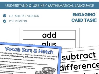 Mathematical Language & Vocab | Card Task Activity | Addition & Subtraction