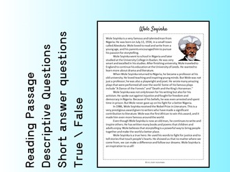 Wole Soyinka Biography Reading Comprehension Passage Printable Worksheet PDF