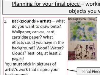 GCSE Art and Design final piece planning help sheet