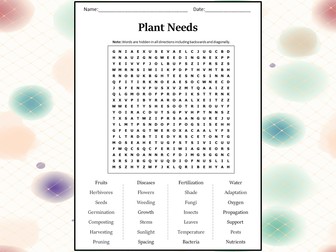 Plant Needs Word Search Puzzle Worksheet Activity