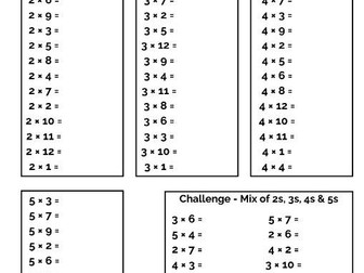 2s, 3s, 4s and 5 times table sheet