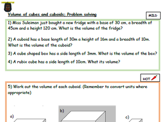 Volume of Cuboids Differentiated Worksheet with Solutions
