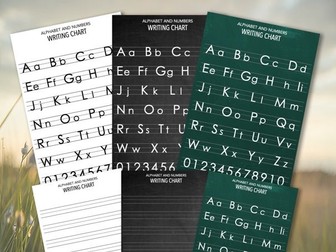 Alphabet and letter number chart - 6 pages - White, Blackboard, Green chalkboard