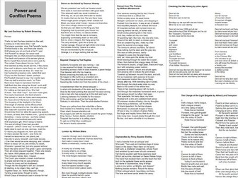 AQA Power and Conflict - 15 poems on one page