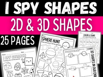 Identifying Shapes Worksheets: Spy Shapes, 3D 2D Shape Sort, Shape Hunt