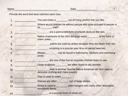 Art Forms Matching Vocabulary to Sentences Worksheet and Answer Key