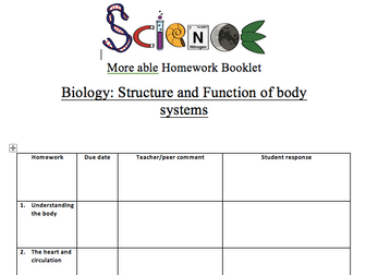 KS3 Homework booklet for Y7 body systems (more able/G&T) ACTIVATE