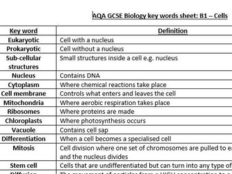 Key word definition lists Biology AQA GCSE Paper 1