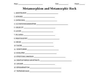Metamorphism and Metamorphic Rock Word Scramble for Geology Students