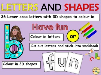 Alphabet Letters lower case and 3D Shapes Worksheets/Activities Cut and Paste