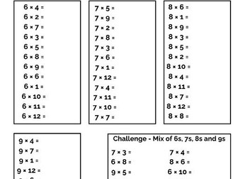 6s, 7s, 8s and 9 times tables sheet