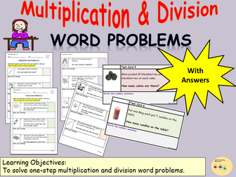 Multiplication and Division One-Step Word Problems: Presentation Worksheets Task Cards  KS1