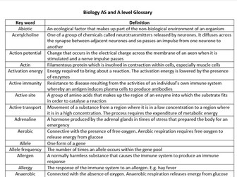 A-Level Biology Glossary: Year 1 and 2