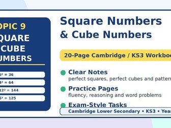 20-page Square Numbers and Cube Numbers Workbook for year 7 to 9