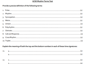 GCSE Music Rhythm Terms Test