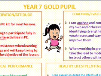 KS3 Pe assessment without levels Gold Silver and Bronze criteria with student friendly display