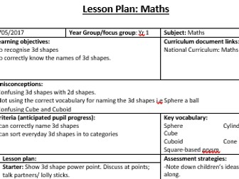 KS1 Maths 3d Shape Lesson Plan and Resource
