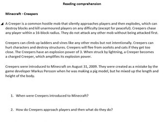 Minecraft reading comprehension and descriptive writing task