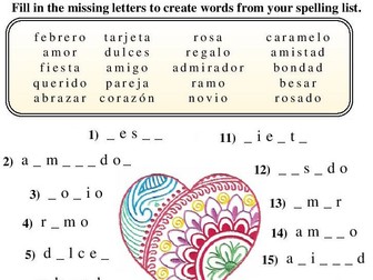 Spanish Spelling Worksheet Valentine's Day Crossword Much Fun 18 pages